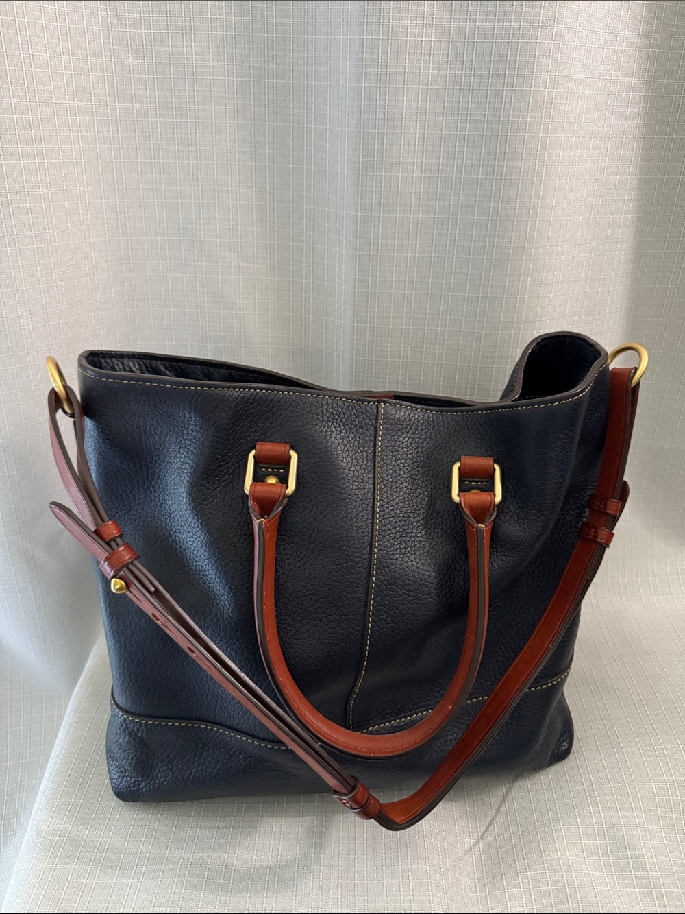 Dooney & Bourke Navy Pebble Leather Tote with Brown Handles and Gold Hardware - Picture 2 of 8